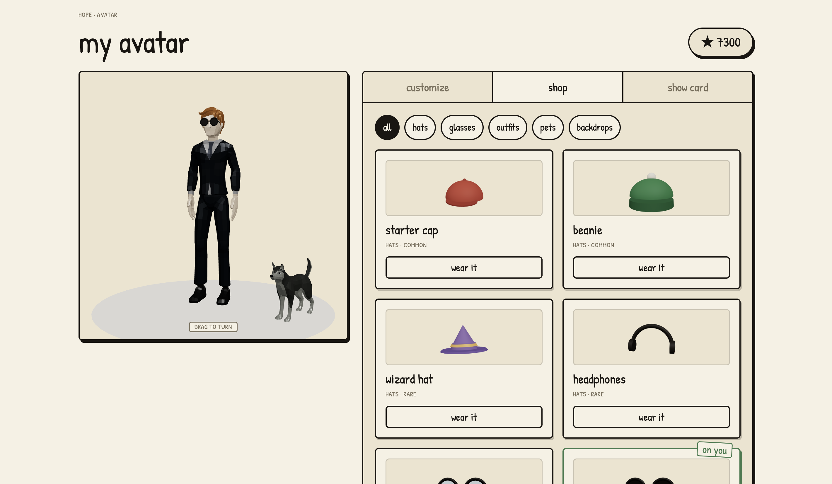 HOPE avatar shop